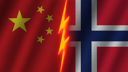 Norway and China Flags Together, Wavy Fabric Texture Effect, Neon Glow Effect, Shining Thunder Icon, Crisis Concept, 3D Illustration