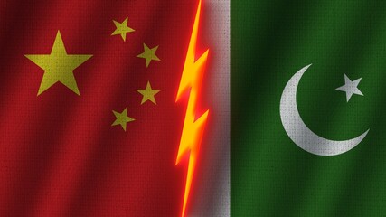 Pakistan and China Flags Together, Wavy Fabric Texture Effect, Neon Glow Effect, Shining Thunder Icon, Crisis Concept, 3D Illustration