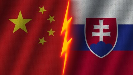 Slovakia and China Flags Together, Wavy Fabric Texture Effect, Neon Glow Effect, Shining Thunder Icon, Crisis Concept, 3D Illustration