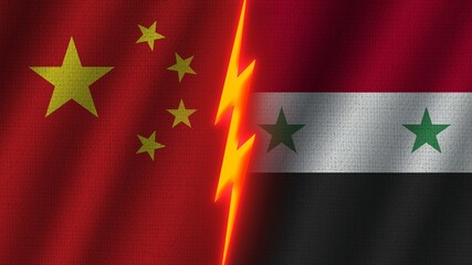 Syria and China Flags Together, Wavy Fabric Texture Effect, Neon Glow Effect, Shining Thunder Icon, Crisis Concept, 3D Illustration