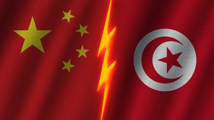 Tunisia and China Flags Together, Wavy Fabric Texture Effect, Neon Glow Effect, Shining Thunder Icon, Crisis Concept, 3D Illustration