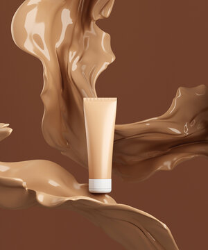 Monocolor scene for cosmetic bb-creme product presentation. Cosmetic jar on nude color pedestal abstract background. 3d render
