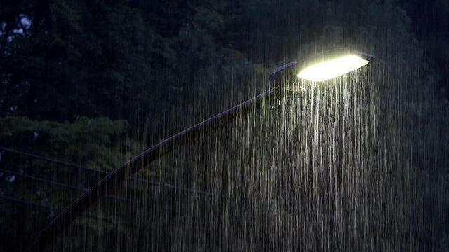 Tokyo,Japan - August 15, 2021: Heavy rain and street light in Tokyo
