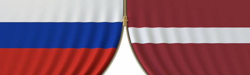 Russia and Latvia political cooperation or conflict, flags and closing or opening zipper, conceptual 3D rendering