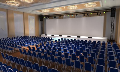 Fototapeta premium Empty stage design for mockup and corporate identity, display. Platform elements in hall. Blank screen system for graphic Resources. Scene event led night light staging. 3d Background for online. 