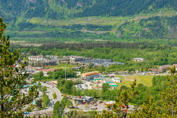 A perfect neighbourhood. Houses in suburb at Summer in the north America. Luxury houses with nice landscape. Aerial view.