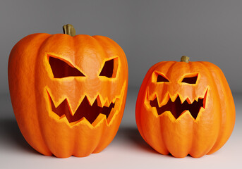 Two halloween pumpkin on a gray background. Halloween pumpkin with scary face cut out. Jack-o-lantern made to all hallows' eve. 3d illustration with halloween pumpkin close up.