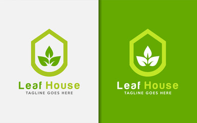 Simple Green House with Leaf Combination Logo Design.