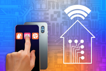 An application for managing a smart home. Management smart home through Wi-Fi. Hand with smartphone on cyber background. Application for IOT control. Web applications for home management.