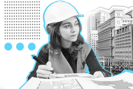 Portrait of architect in construction uniform. Architect-builder drawings construction drawings. Black-white collage with architect girl. Construction company worker in city. Engineer-builder career