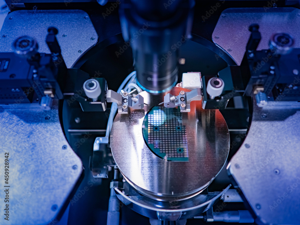 Poster microchip production. microprocessor under production microscope. equipment for checking computer bo