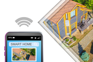 Remote control of smart home. Smart home system in cellphone. Management of cottage via wifi. Back house is equipped with iot technology. Smart home technology apps. IOT applications.
