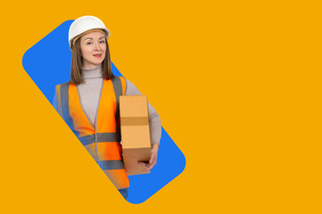 Woman warehouse worker. Girl with cardboard box in her hands. Warehouse employee on orange background. Place for text. Woman storekeeper looks into camera. Art portrait of warehouse worker - obrazy, fototapety, plakaty