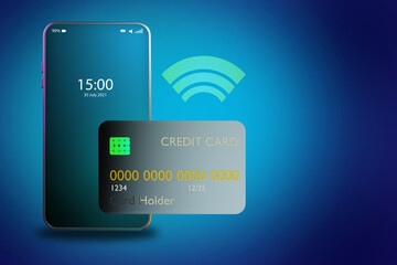 Obraz premium NFS payments. Pay using paypass system. Contactless technology of pay. Contactless payments via phone. Pay in smartphone. Cellphone on turquoise gradient. Credit card and phone. 3d rendering