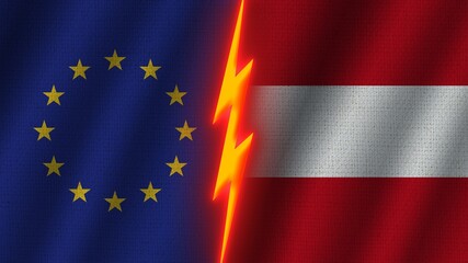 Austria and European Union Flags Together, Wavy Fabric Texture Effect, Neon Glow Effect, Shining Thunder Icon, Crisis Concept, 3D Illustration