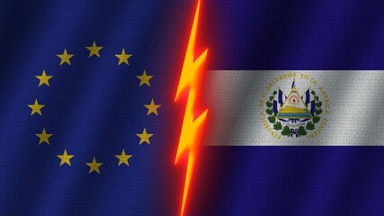 El Salvador and European Union Flags Together, Wavy Fabric Texture Effect, Neon Glow Effect, Shining Thunder Icon, Crisis Concept, 3D Illustration