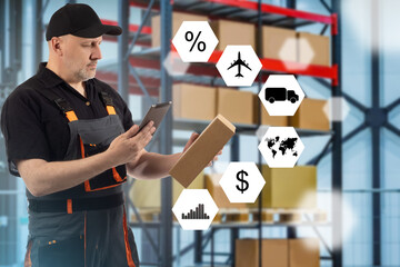 Man inside logistics warehouse. Logistics warehouse worker. Icons symbolizing logistics in front of...