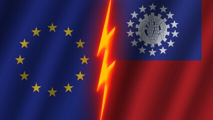 Myanmar Burma and European Union Flags Together, Wavy Fabric Texture Effect, Neon Glow Effect, Shining Thunder Icon, Crisis Concept, 3D Illustration