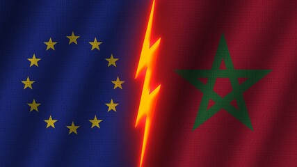 Morocco and European Union Flags Together, Wavy Fabric Texture Effect, Neon Glow Effect, Shining Thunder Icon, Crisis Concept, 3D Illustration