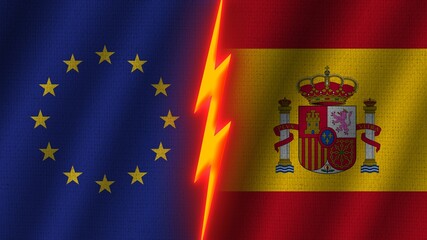 Spain and European Union Flags Together, Wavy Fabric Texture Effect, Neon Glow Effect, Shining Thunder Icon, Crisis Concept, 3D Illustration