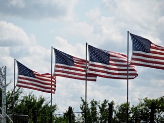 American flags waving in the wind at a rural cemetery.