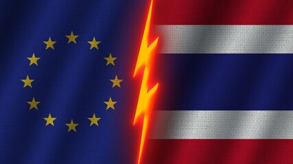 Thailand and European Union Flags Together, Wavy Fabric Texture Effect, Neon Glow Effect, Shining Thunder Icon, Crisis Concept, 3D Illustration