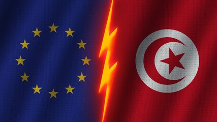 Tunisia and European Union Flags Together, Wavy Fabric Texture Effect, Neon Glow Effect, Shining Thunder Icon, Crisis Concept, 3D Illustration