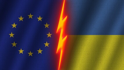 Ukraine and European Union Flags Together, Wavy Fabric Texture Effect, Neon Glow Effect, Shining Thunder Icon, Crisis Concept, 3D Illustration