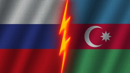 Azerbaijan and Russia Flags Together, Wavy Fabric Texture Effect, Neon Glow Effect, Shining Thunder Icon, Crisis Concept, 3D Illustration