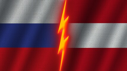Austria and Russia Flags Together, Wavy Fabric Texture Effect, Neon Glow Effect, Shining Thunder Icon, Crisis Concept, 3D Illustration