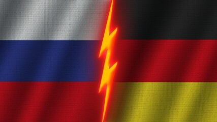 Fototapeta premium Germany and Russia Flags Together, Wavy Fabric Texture Effect, Neon Glow Effect, Shining Thunder Icon, Crisis Concept, 3D Illustration