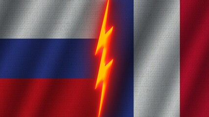 France and Russia Flags Together, Wavy Fabric Texture Effect, Neon Glow Effect, Shining Thunder Icon, Crisis Concept, 3D Illustration