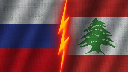 Lebanon and Russia Flags Together, Wavy Fabric Texture Effect, Neon Glow Effect, Shining Thunder Icon, Crisis Concept, 3D Illustration