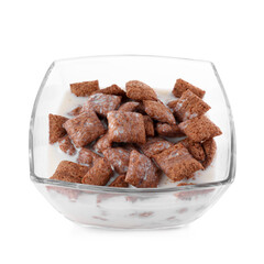 Tasty corn pads with milk in glass bowl isolated on white