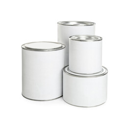 Closed blank cans of paint on white background