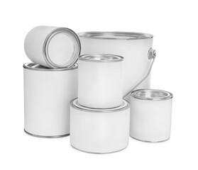 Closed blank cans of paint isolated on white
