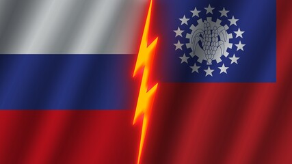 Myanmar Burma and Russia Flags Together, Wavy Fabric Texture Effect, Neon Glow Effect, Shining Thunder Icon, Crisis Concept, 3D Illustration