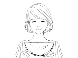 夏服の女性_正面_スイカ_笑顔_線画