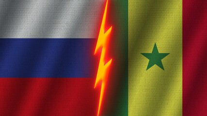 Senegal and Russia Flags Together, Wavy Fabric Texture Effect, Neon Glow Effect, Shining Thunder Icon, Crisis Concept, 3D Illustration