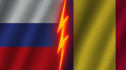 Romania and Russia Flags Together, Wavy Fabric Texture Effect, Neon Glow Effect, Shining Thunder Icon, Crisis Concept, 3D Illustration