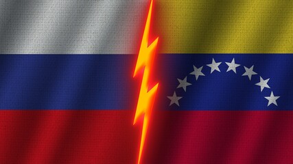 Venezuela and Russia Flags Together, Wavy Fabric Texture Effect, Neon Glow Effect, Shining Thunder Icon, Crisis Concept, 3D Illustration