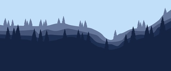 Pine forest on the hill vector landscape illustration. Pine forest silhouette landscape. Used for background, backdrop, desktop background, banner.