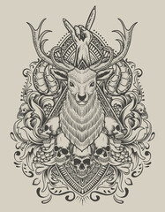 illustration deer head with vintage ornament monochrome style