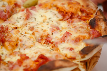Large sliced Canadian chicken pizza with delicious flavor.
