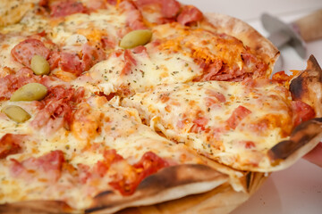 Large sliced Canadian chicken pizza with delicious flavor.
