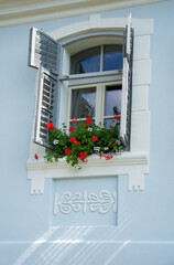 Fototapeta na wymiar blue house in Romania Brasov, village Roades, 2019 and flowers at the window