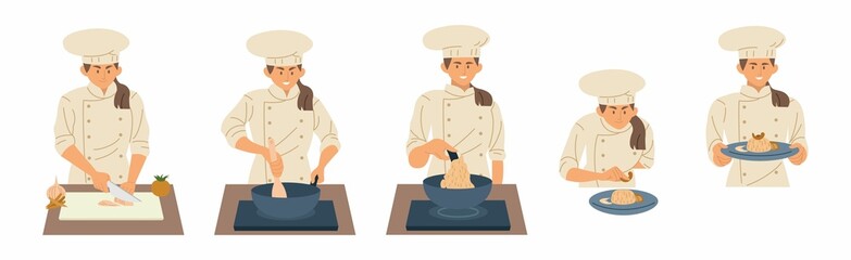 Female chef in uniform cooking in different position flat style vector illustration