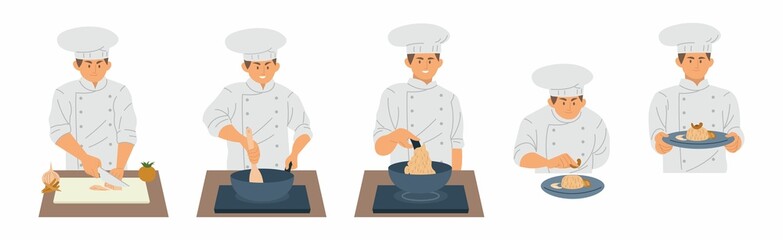 Male chef in uniform cooking in different position flat style vector illustration
