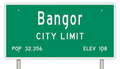 Rendering of a green highway sign with city information