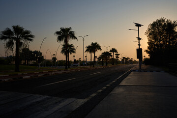 A typical street in the resort part of the Sinai Peninsula Egypt in the backlight. Street with palm trees Sharm El Sheikh Egypt